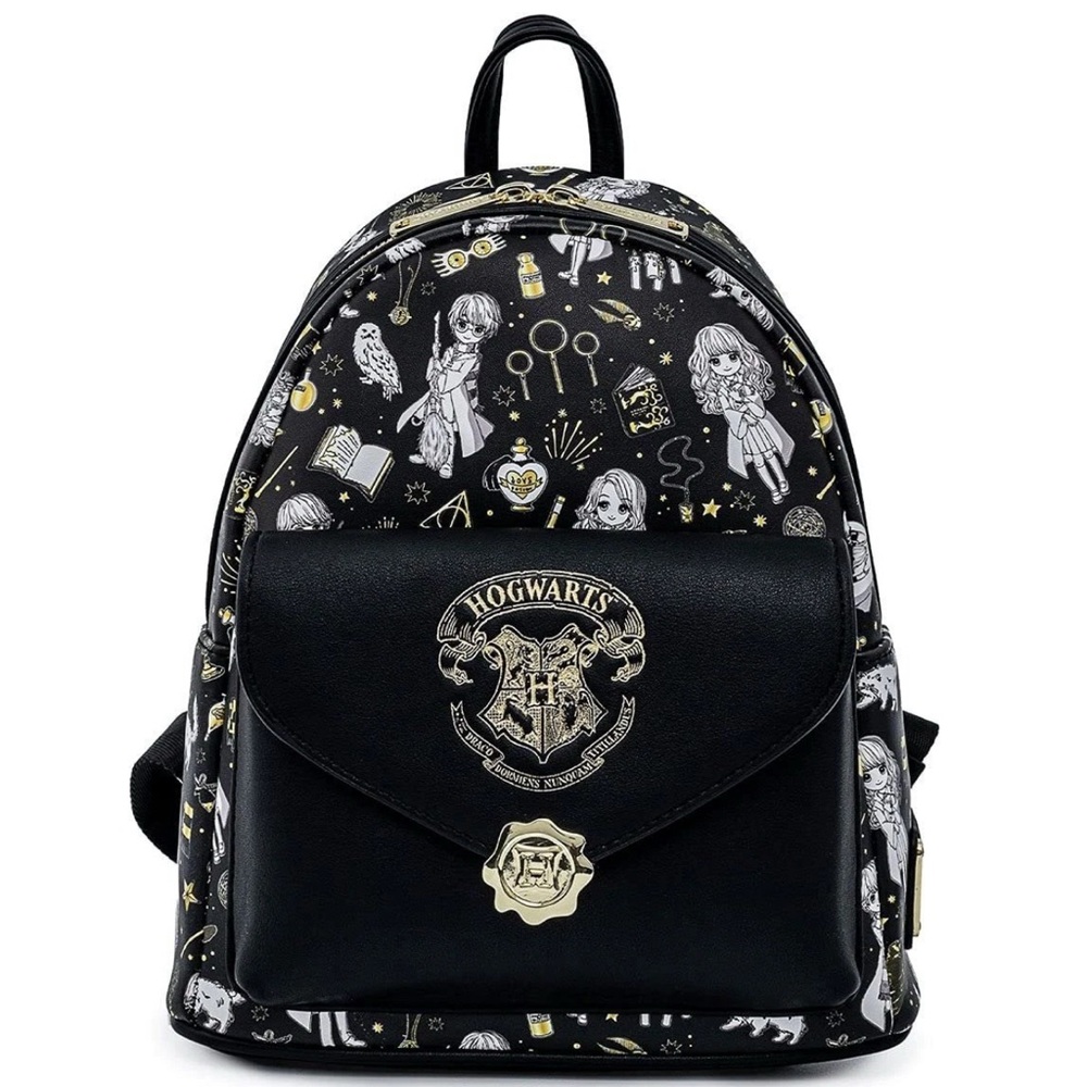 Loungefly Black Hogwarts Crest Mini Backpack with Gold Accents